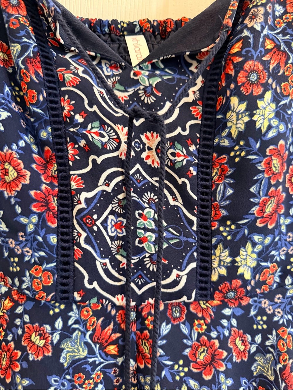 Xhilaration Navy Floral Boho Mini Dress Tassel Tie Smocked Pockets XS - Picture 4 of 16